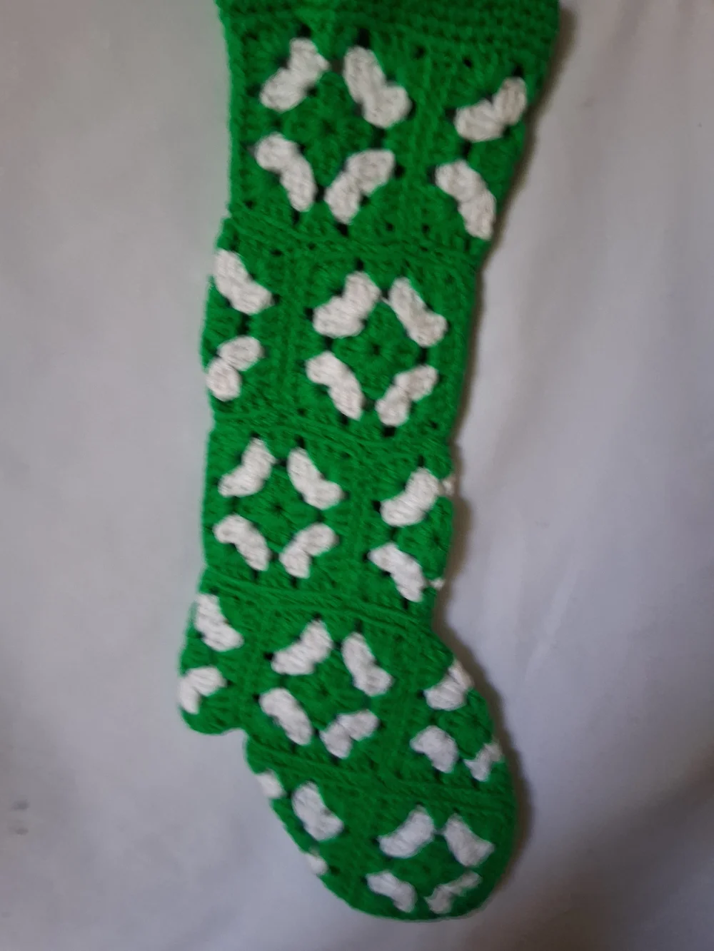 Handmade Green and White Crochet Holiday Stocking